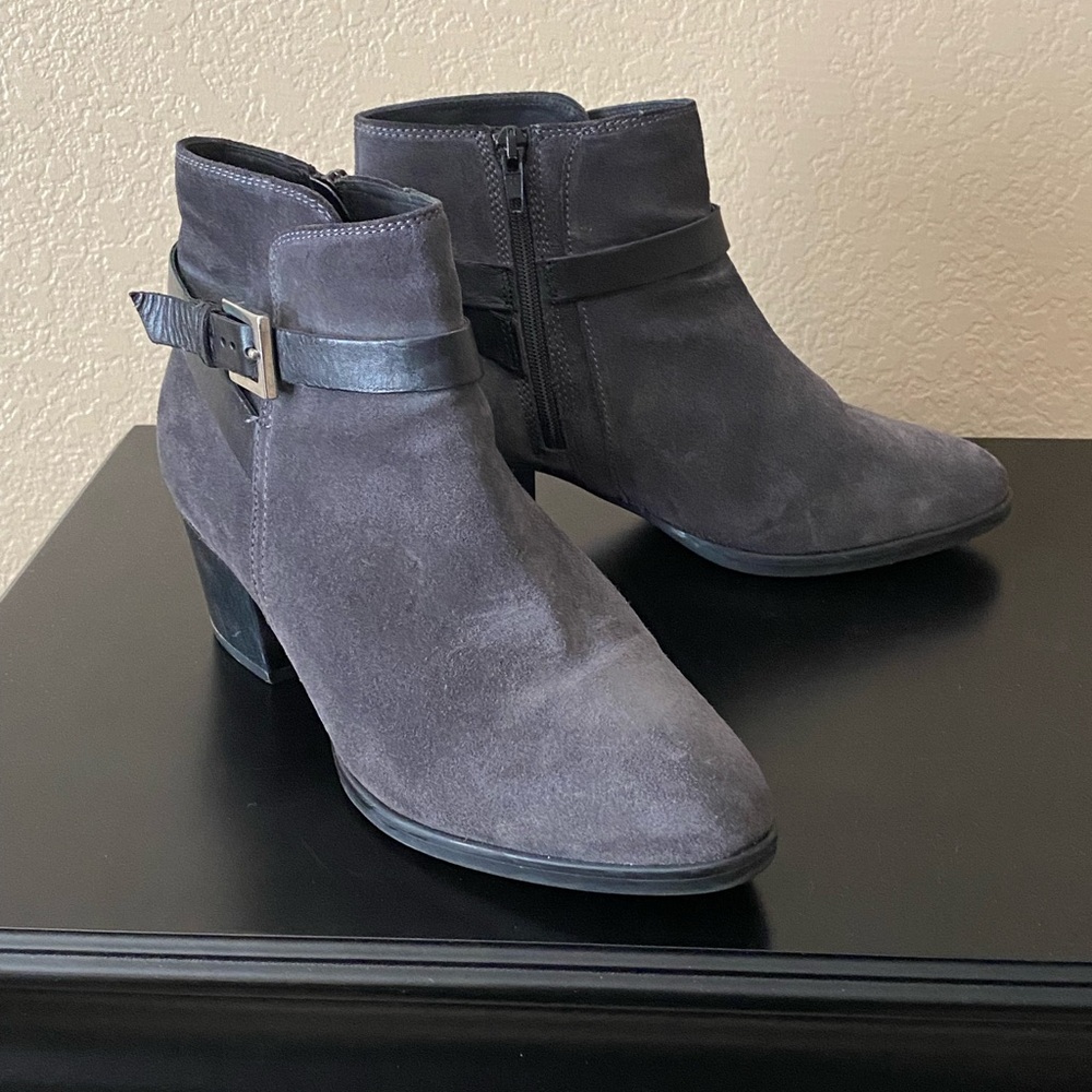 Clarks Gray Suede Ankle Boots with Chunky Heel